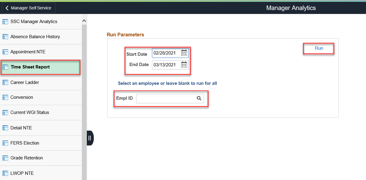 Screenshot of the Timesheet Report screen with Empl IDs and Run button highlighted