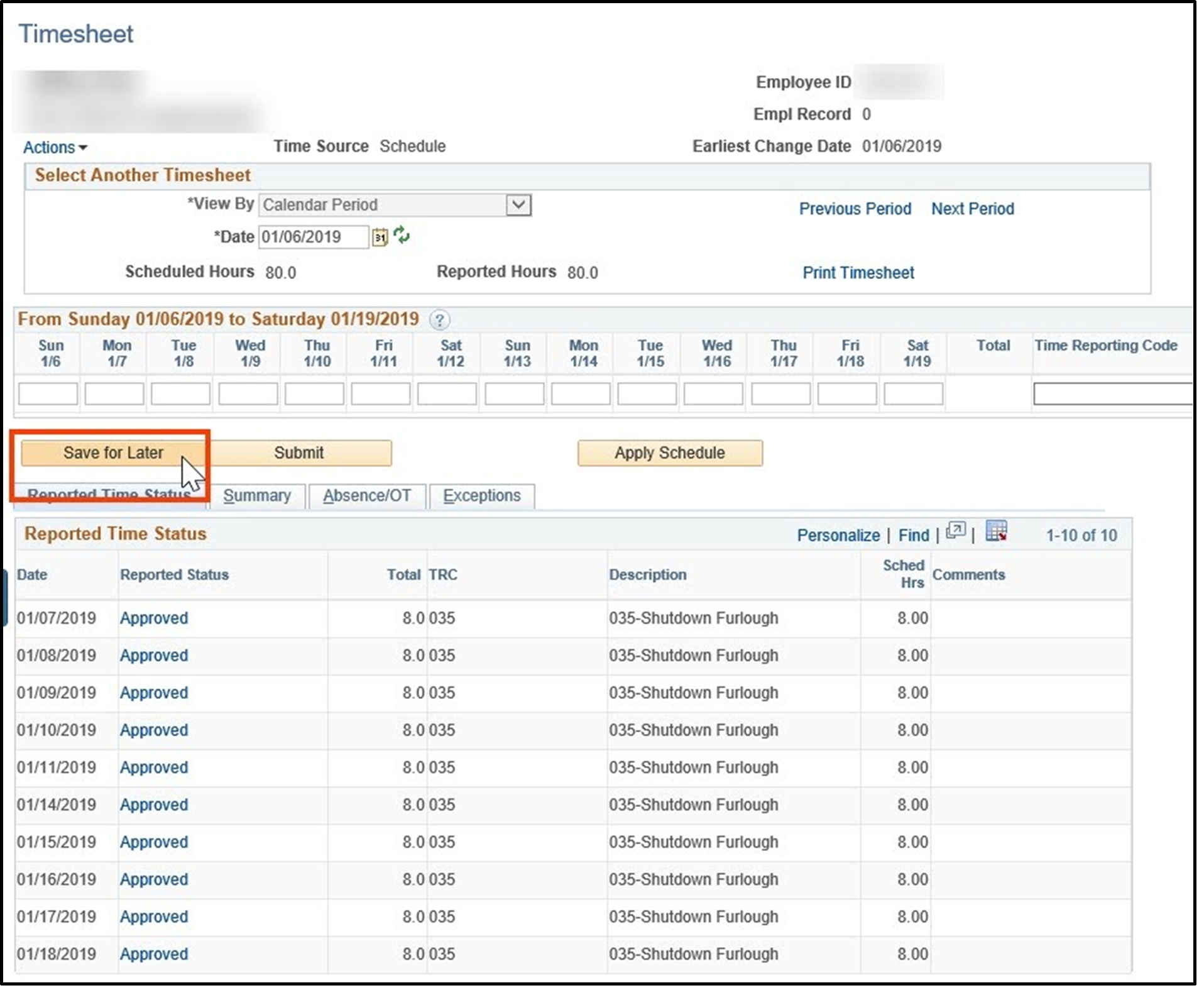 Timesheet entry with the save for later button highlighted
