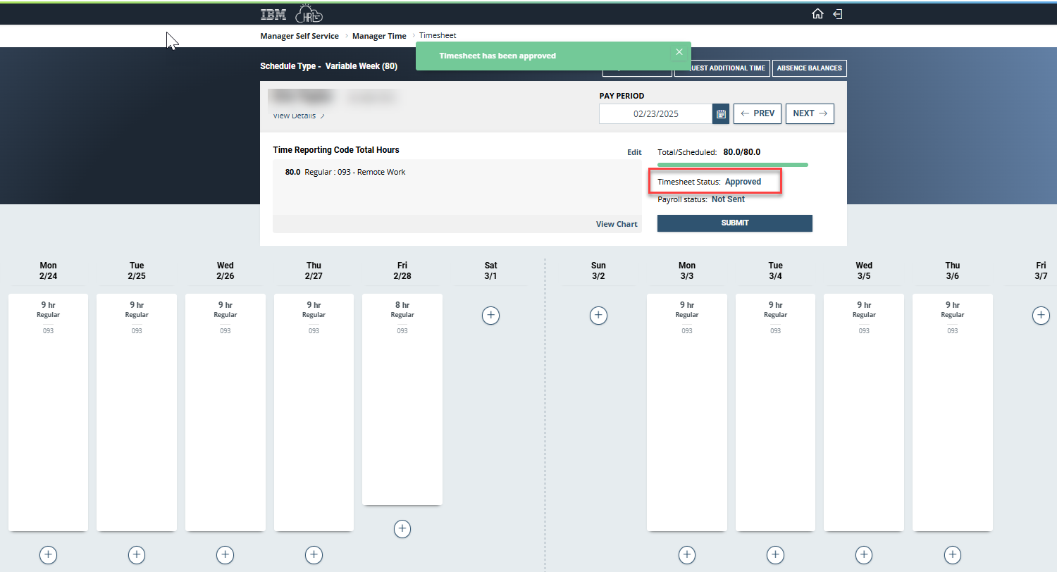 Timesheet with status approved highlighted
