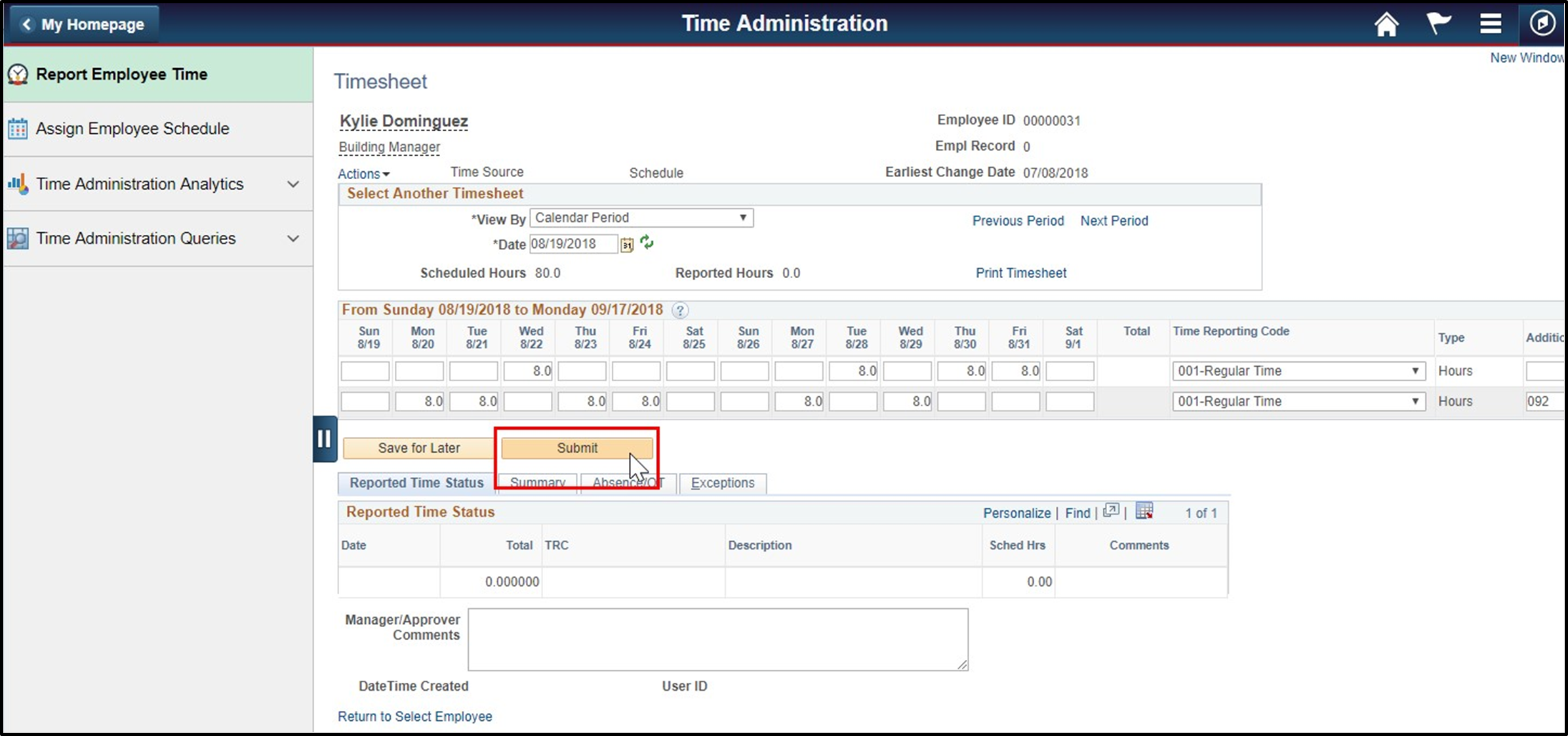 Timesheet entry with submit button highlighted