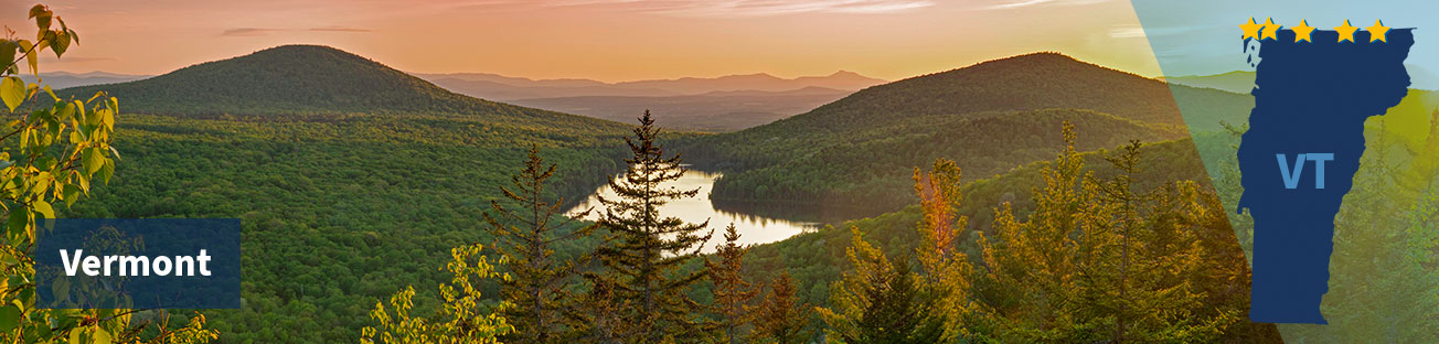 Some autumn tree tops, with a forest and two low hills of green trees with a river running in-between them, and a low range of mountains in the distance, with a golden sky, and the title Vermont at left and at right the state shape with five stars along the north border